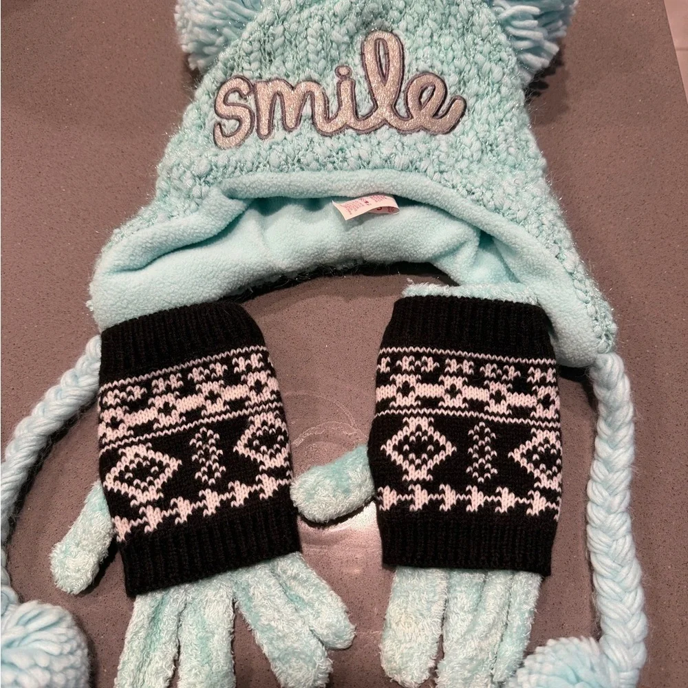 Justice kids Blue and Black Winter Hat and Gloves Set